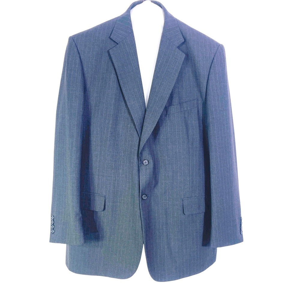 VTG Blazer Wool Blend Suit Jacket Men's 48L Long Charcoal Gray Pinstripe 2 Btn